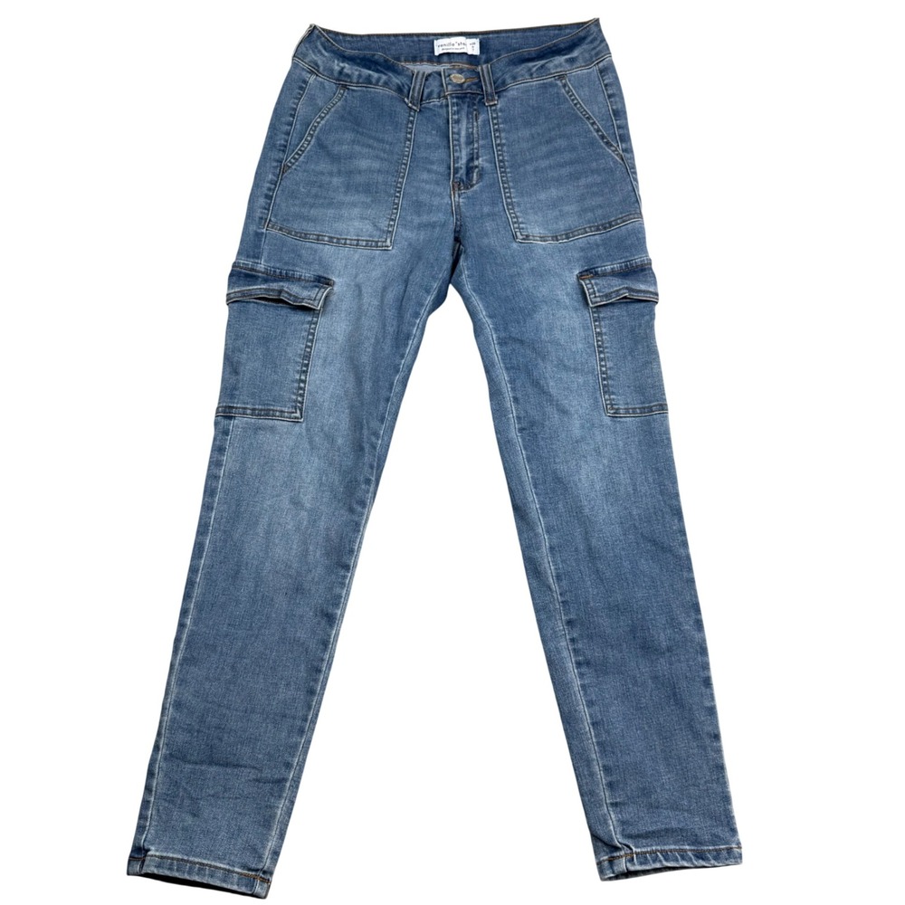Vanilla Star Womens Cargo Jeans Medium Wash Blue Straight Leg Size 7 W28 V23976
